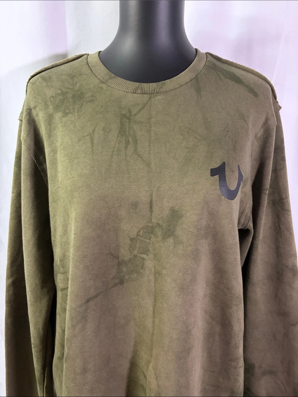 True Religion Camo Green Tie Die Debossed Rib Pullover Crewneck Sweatshirt